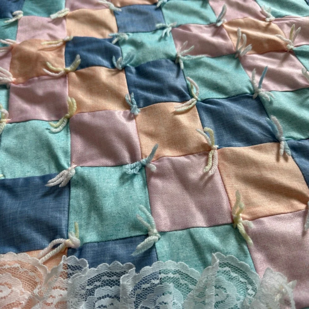 Handmade Pastel Patchwork Baby Quilt Lace Trim Yarn Ties Vintage Style Blanket